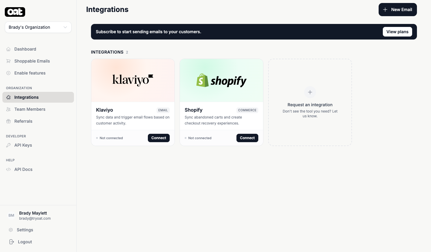 The Integrations page with the Klaviyo tile