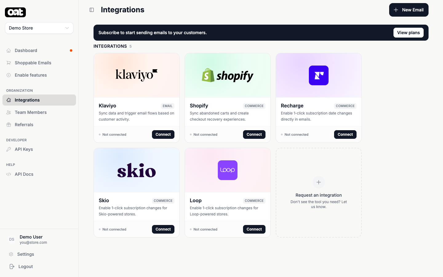 The Integrations apps tab with the Recharge, Skio, and Loop tiles