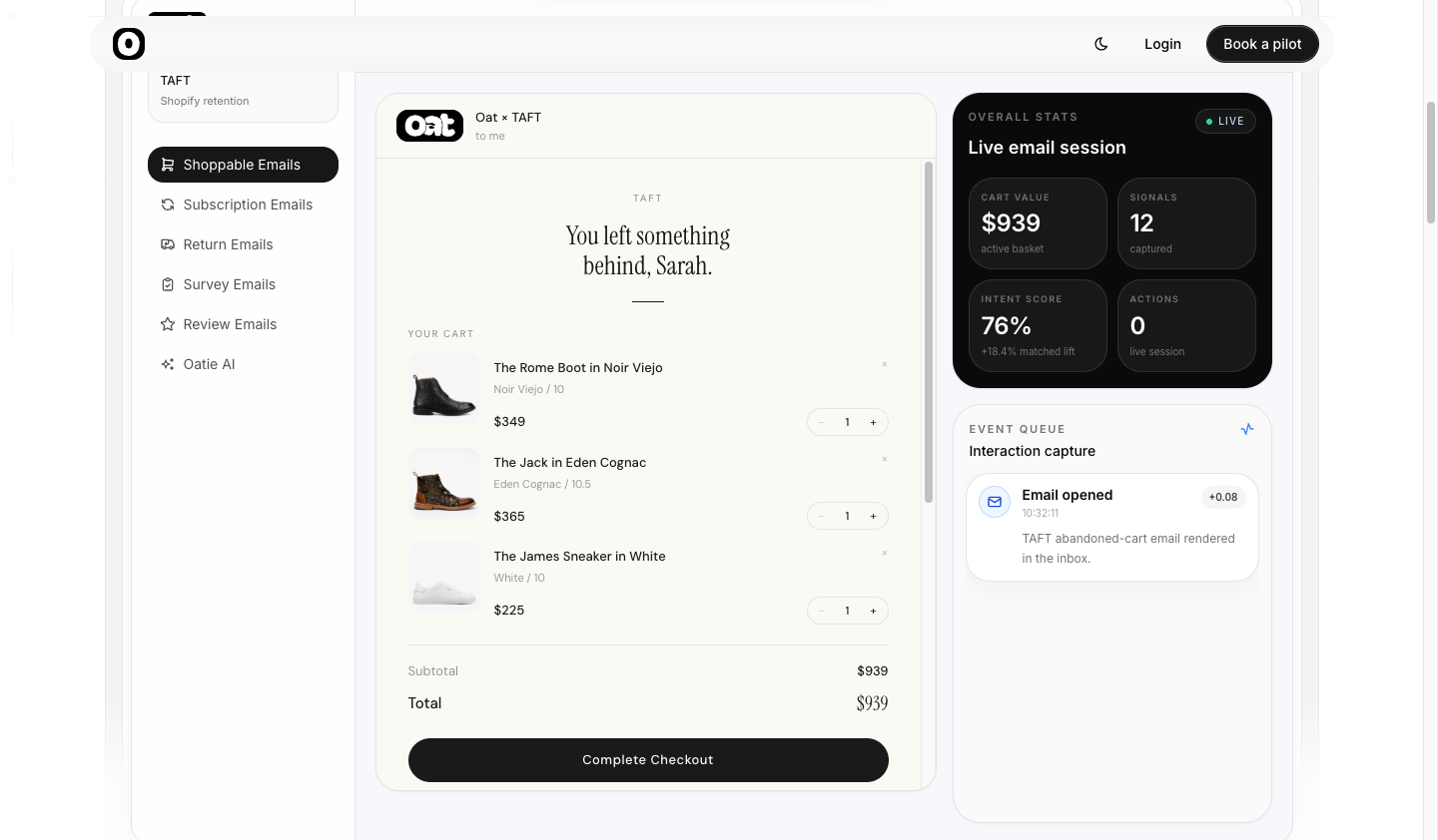 An interactive abandoned-cart email with a live cart and checkout
