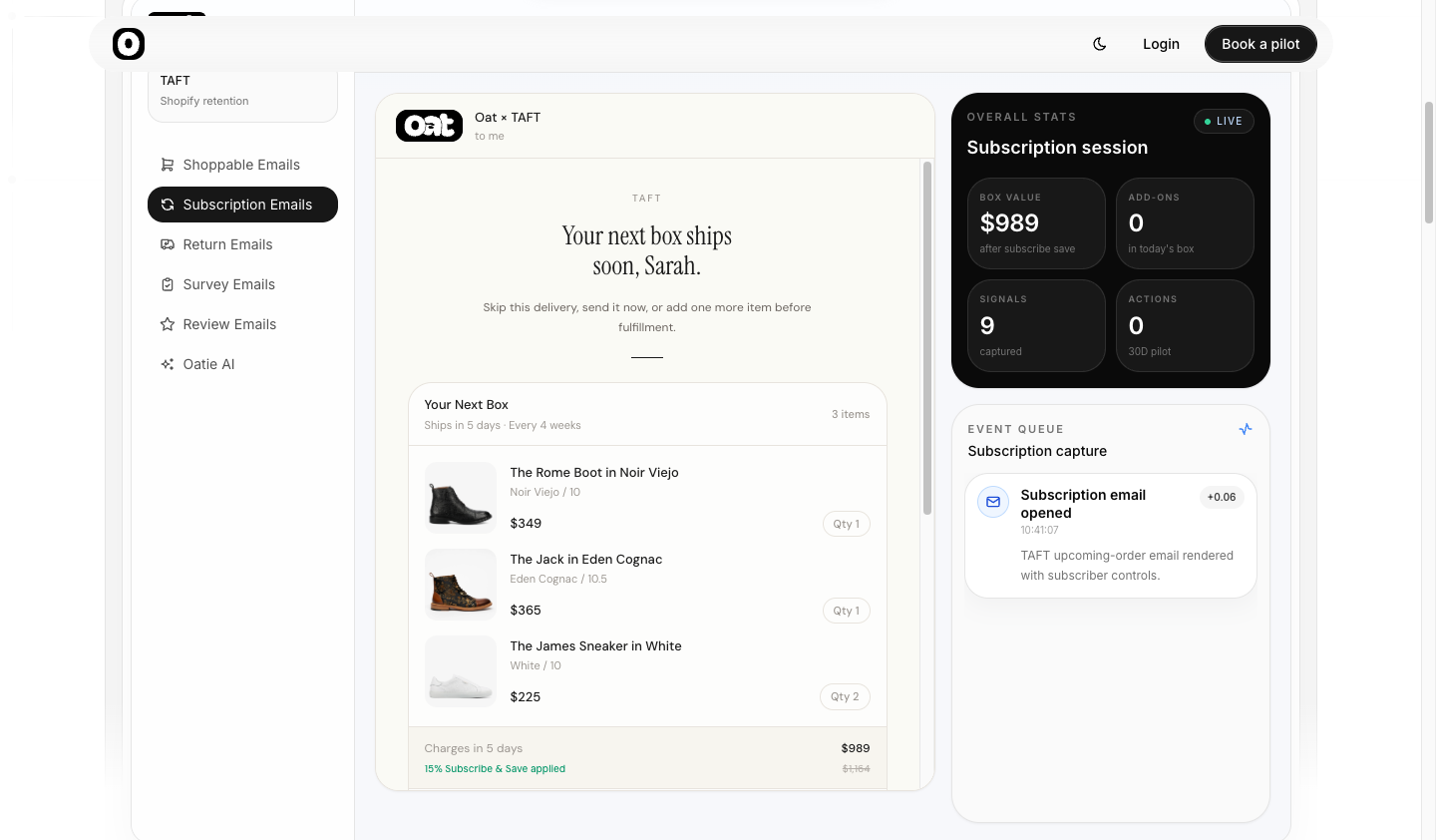 A subscription email with skip, send-now, and add-on controls
