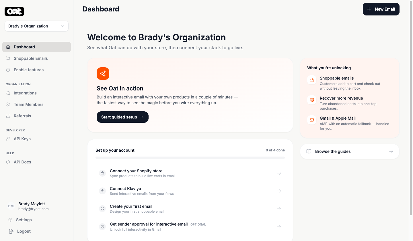 The Oat dashboard with a guided-setup hero and a setup checklist