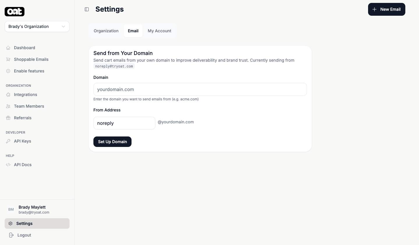 Settings → Email, with the sending-domain setup